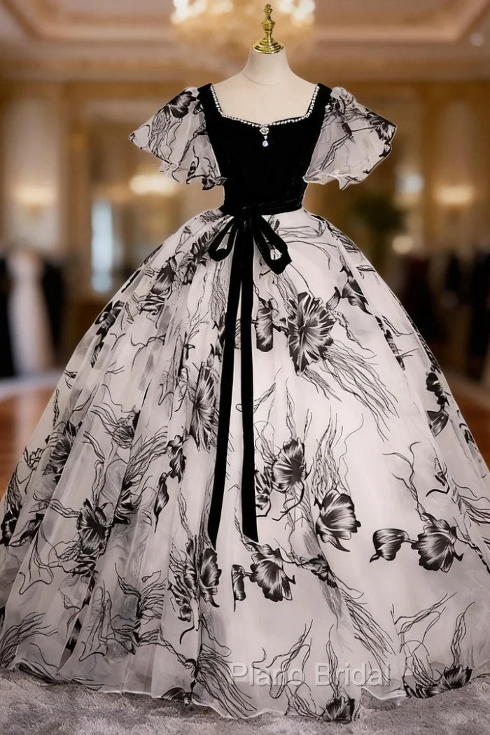 Black Print Velvet Square Quinceanera Dresses Main image