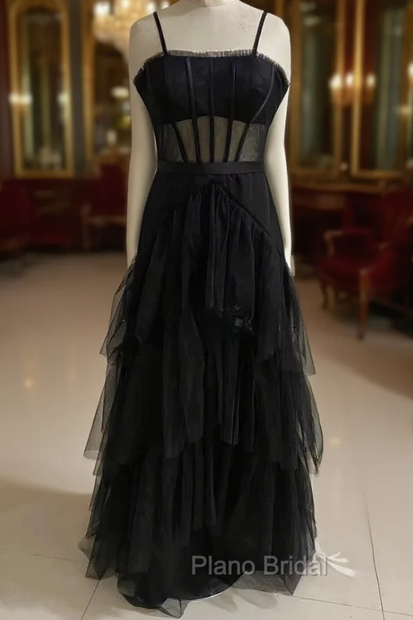 Black Formal Prom Dresses, Elegant A-line Layered Tulle Formal Prom Dresses,Sheer Corset Long Evening Dresses Main image
