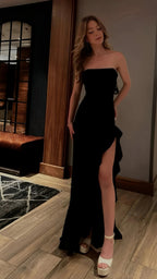 Black Formal Prom Dresses, Strapless Formal Evening Dresses, Split Party Dresses