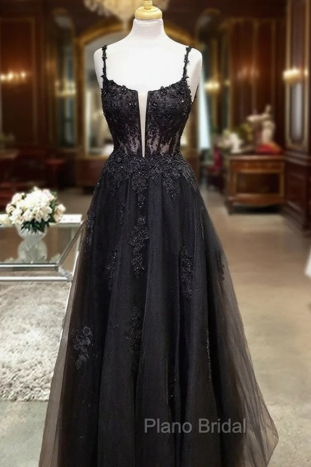 Black Formal Prom Dresses, A-line Square Neckline Spaghetti Straps Long/Floor-Length Tulle Formal Prom Dresses With Glitter Beading Appliqued Main image