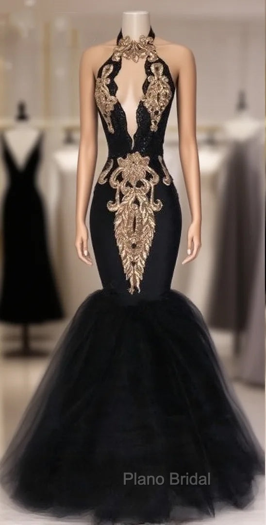 Black Formal Prom Dresses Mermaid Halter Tulle Appliques Dubai Saudi Arabic Long Robe De Soiree Formal Prom Gown Evening Dresses