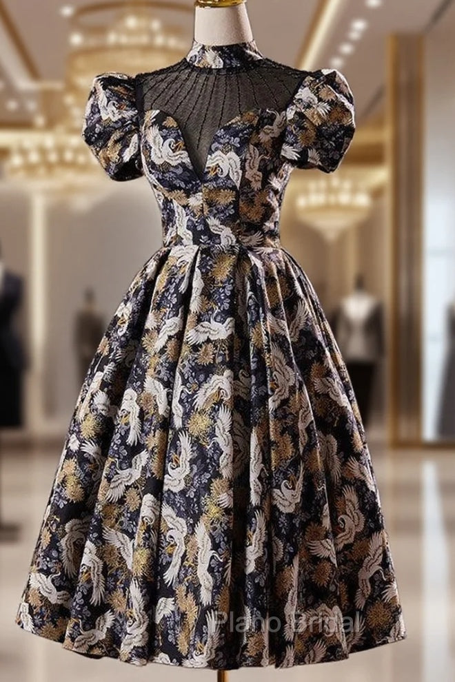 Black Puff Sleeve High Neck Backless Homecoming Dresses