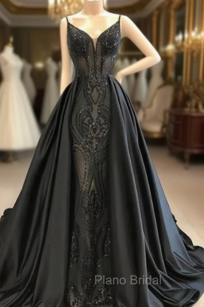 Black Robe De Soiree A-Line Spaghetti Straps Appliques Long Formal Prom Dresses Formal Prom Gown Evening Dresses Main image