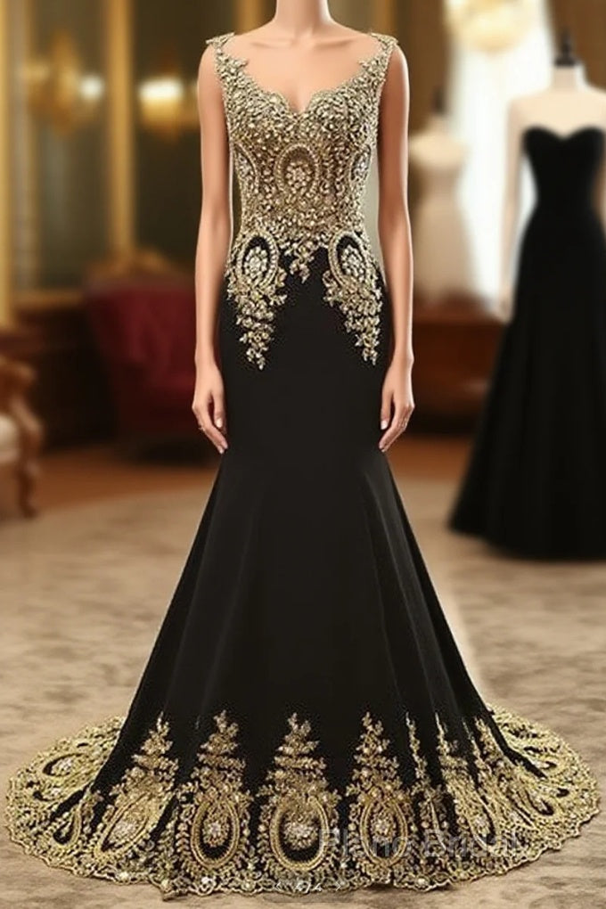 Black Round Neck Lace Applique Long Formal Prom Dresses, Black Formal Dresses Main image