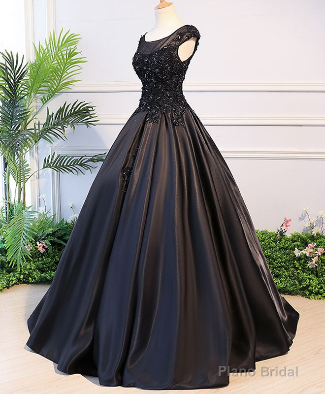 Black Round Neck Lace Long Prom Dress, Black Evening Dress Main image