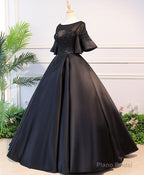 Black Round Neck Satin Lace Long Prom Dress, Sweet 16 Dress