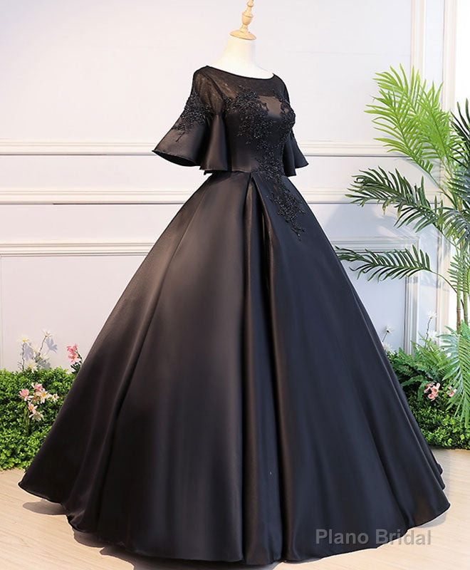Black Round Neck Satin Lace Long Prom Dress, Sweet 16 Dress Secondary image