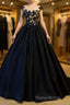 Black round neck satin long Formal Prom gown, black evening dress