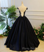 Black round neck satin long Formal Prom gown, black evening dress