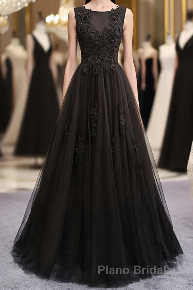 Black round neck tulle lace long Formal Prom dress, black evening dress