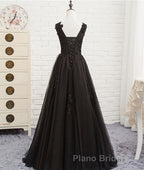 Black round neck tulle lace long Formal Prom dress, black evening dress