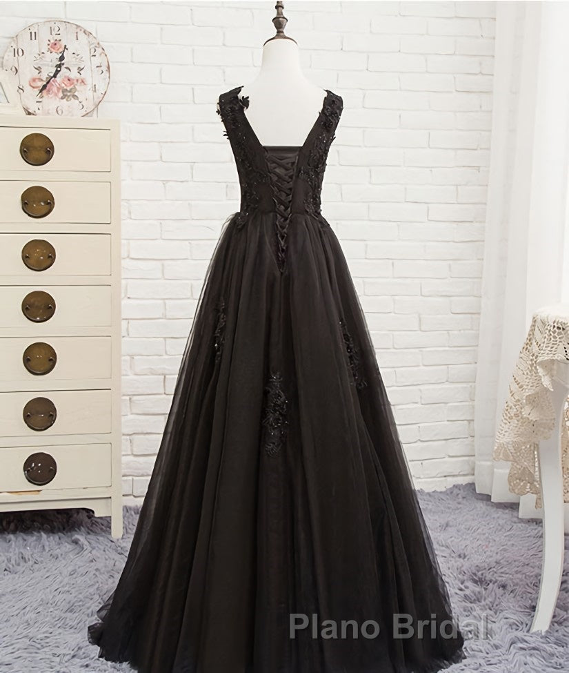 Black round neck tulle lace long Formal Prom dress, black evening dress