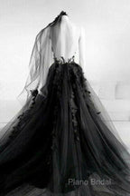 Black Round Neck Tulle Lace Long Formal Prom Dresses Black Tulle Formal Dresses