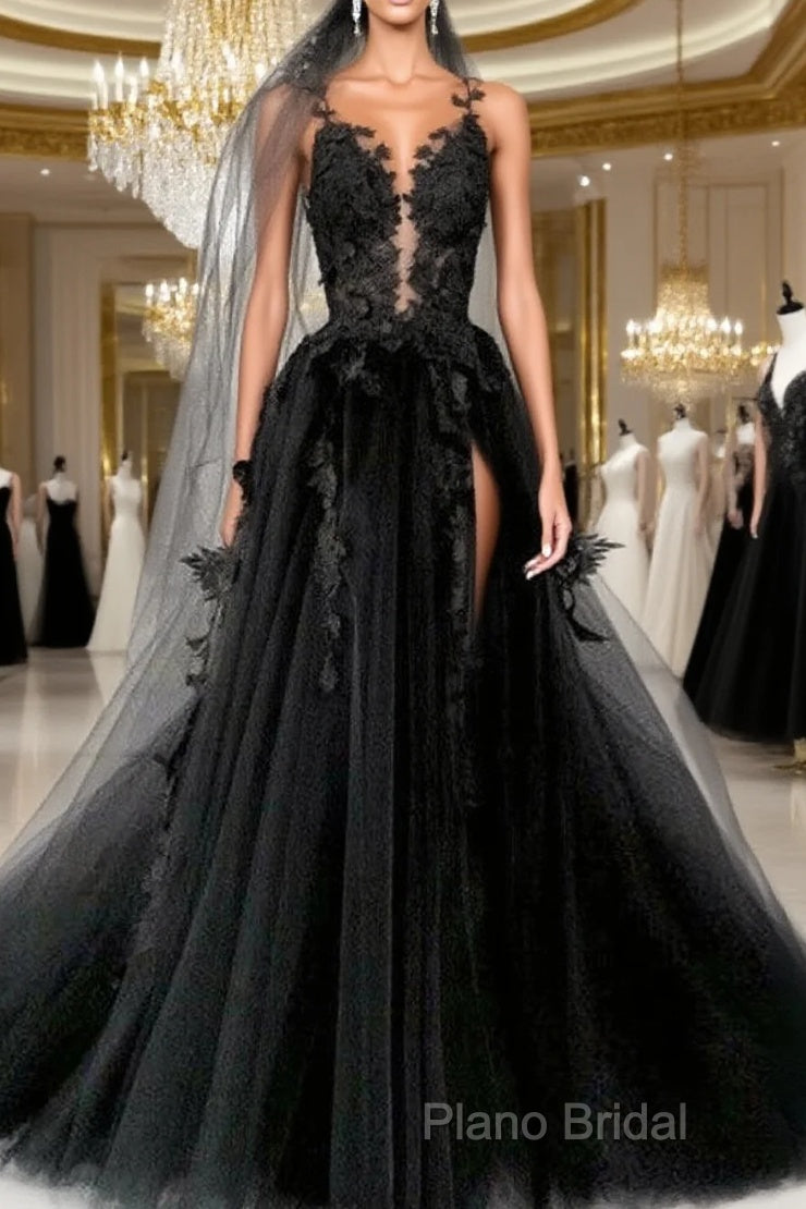 Black Round Neck Tulle Lace Long Formal Prom Dresses Black Tulle Formal Dresses Main image