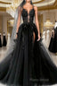 Black Round Neck Tulle Lace Long Formal Prom Dresses Black Tulle Formal Dresses