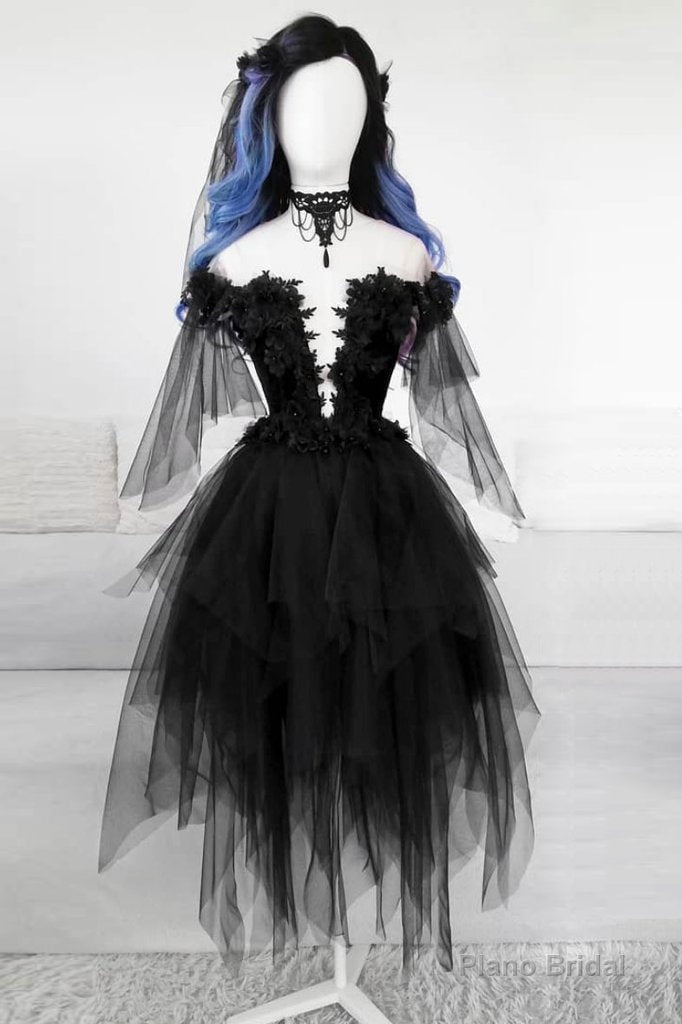 BLACK ROUND NECK TULLE LACE SHORT PROM DRESS BLACK EVENING DRESS Main image