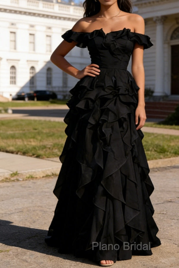 Black Ruffled A-Line Square Neck Long Prom Dress Main image