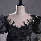 Black Satin A-line Floor Length Long Party Dresses with Lace, Black Long Formal Dresses
