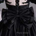 Black Satin A-line Floor Length Long Party Dresses with Lace, Black Long Formal Dresses