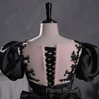 Black Satin A-line Floor Length Long Party Dresses with Lace, Black Long Formal Dresses