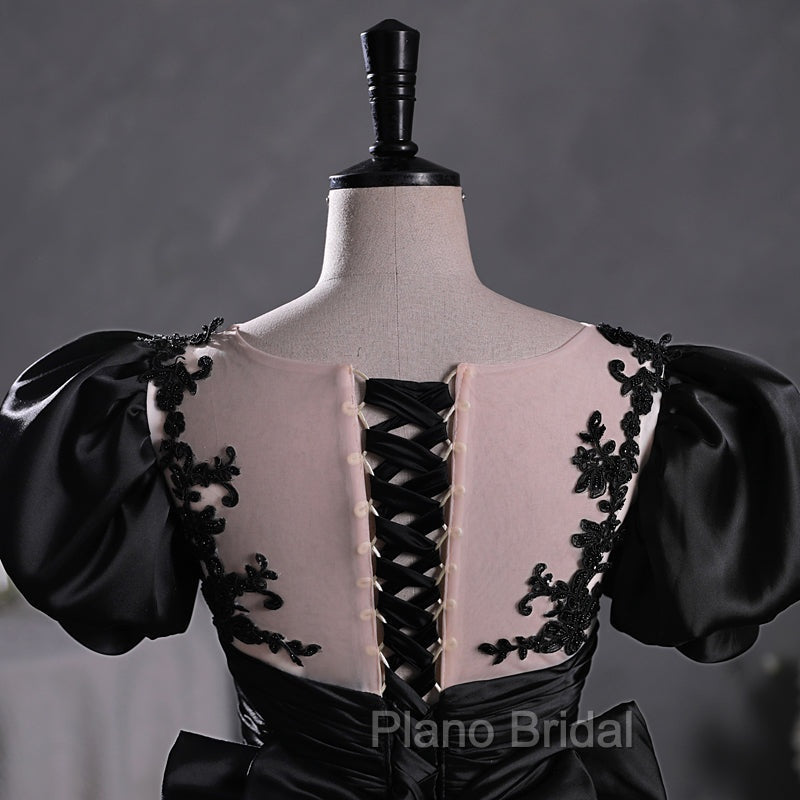 Black Satin A-line Floor Length Long Party Dresses with Lace, Black Long Formal Dresses