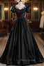 Black Satin A-line Floor Length Long Party Dresses with Lace, Black Long Formal Dresses