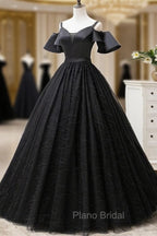 Black Satin and Tulle Ball Gown Off Shoulder Evening Dresses Party Gown, Black Long Formal Dresses