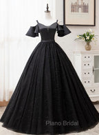 Black Satin and Tulle Ball Gown Off Shoulder Evening Dresses Party Gown, Black Long Formal Dresses