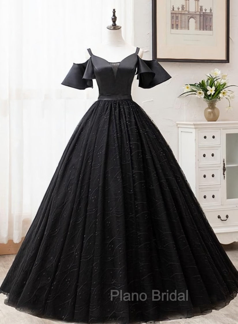 Black Satin and Tulle Ball Gown Off Shoulder Evening Dresses Party Gown, Black Long Formal Dresses