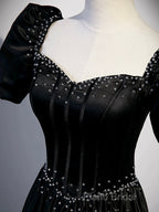 Black Satin Beaded Floor Length Formal Prom Dresses, Black A-Line Short Sleeve Formal Dresses