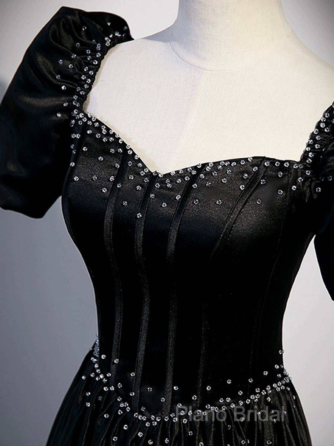 Black Satin Beaded Floor Length Formal Prom Dresses, Black A-Line Short Sleeve Formal Dresses