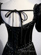 Black Satin Beaded Floor Length Formal Prom Dresses, Black A-Line Short Sleeve Formal Dresses