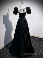 Black Satin Beaded Floor Length Formal Prom Dresses, Black A-Line Short Sleeve Formal Dresses