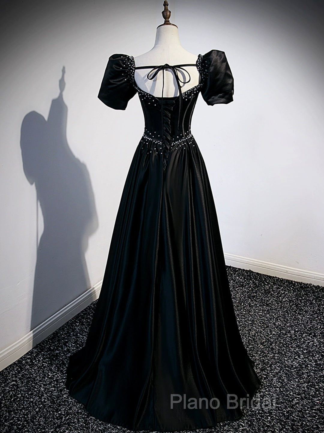 Black Satin Beaded Floor Length Formal Prom Dresses, Black A-Line Short Sleeve Formal Dresses