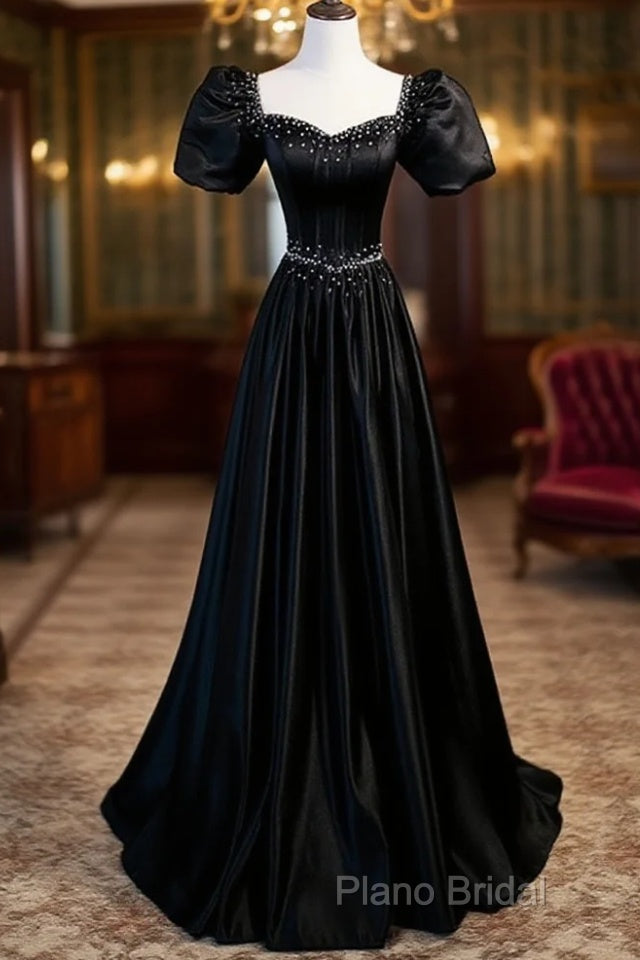 Black Satin Beaded Floor Length Formal Prom Dresses, Black A-Line Short Sleeve Formal Dresses Main image