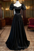 Black Satin Beaded Floor Length Formal Prom Dresses, Black A-Line Short Sleeve Formal Dresses