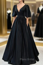 Black Satin Deep V-neckline Long Formal Dresses, Black Evening Dresses Formal Prom Dresses