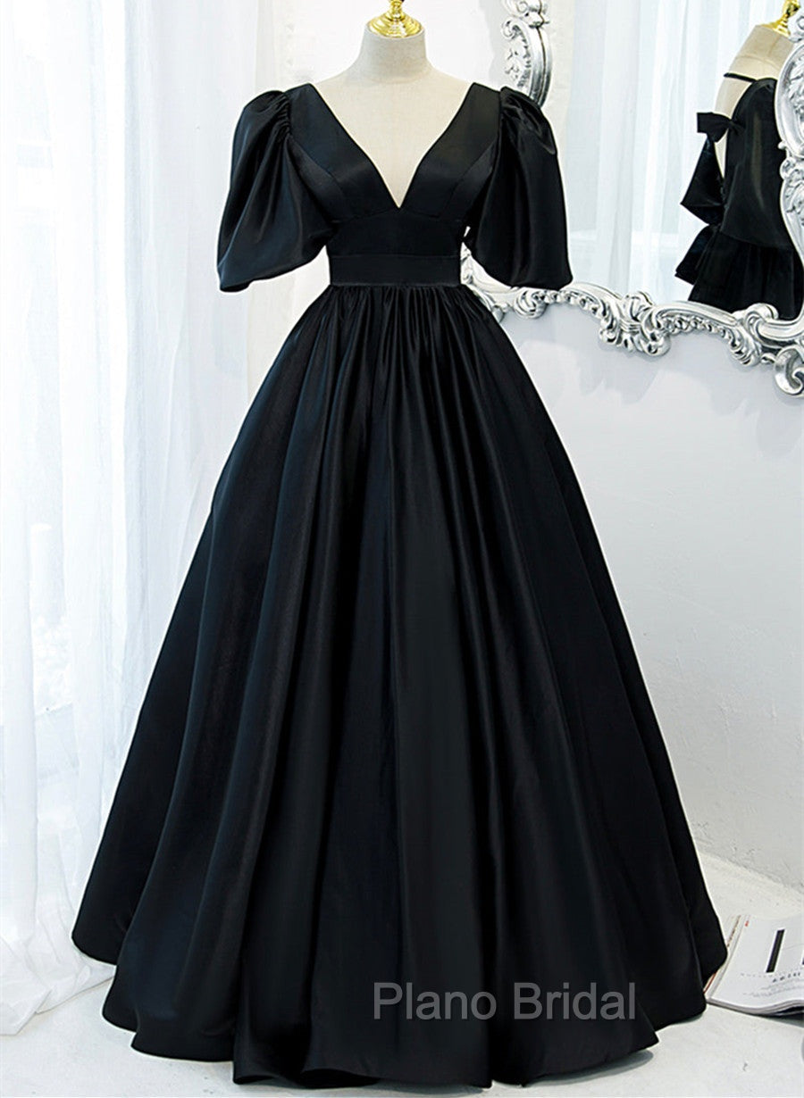 Black Satin Deep V-neckline Long Formal Dresses, Black Evening Dresses Formal Prom Dresses Main image