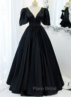Black Satin Deep V-neckline Long Formal Dresses, Black Evening Dresses Formal Prom Dresses