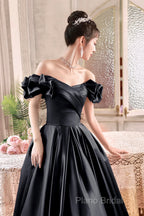Black Satin Floor Length A-Line Formal Prom Dresses, Off The Shoulder Formal Party Dresses