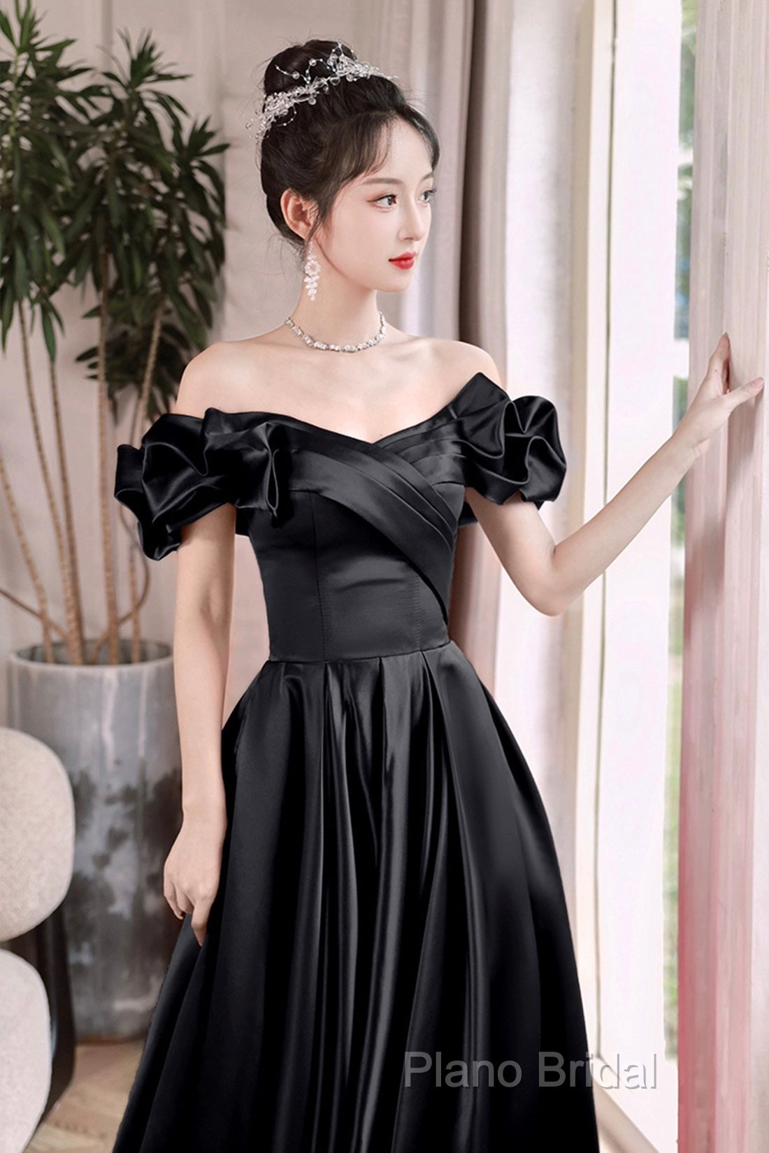 Black Satin Floor Length A-Line Formal Prom Dresses, Off The Shoulder Formal Party Dresses