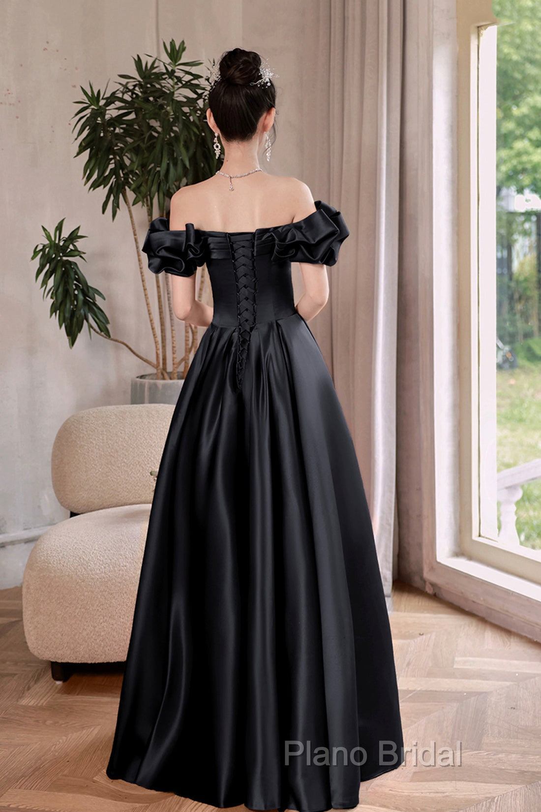 Black Satin Floor Length A-Line Formal Prom Dresses, Off The Shoulder Formal Party Dresses