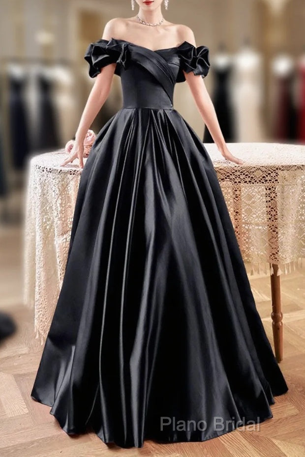 Black Satin Floor Length A-Line Formal Prom Dresses, Off The Shoulder Formal Party Dresses Main image