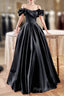Black Satin Floor Length A-Line Formal Prom Dresses, Off The Shoulder Formal Party Dresses