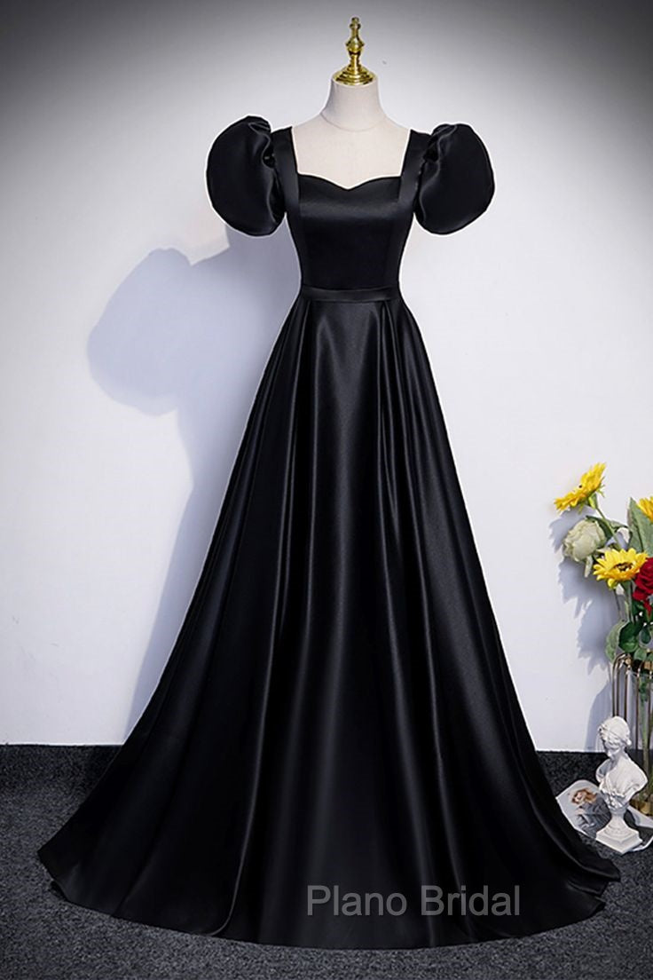 Black Satin Floor Length Formal Prom Dresses, Simple Black Short Sleeve Evening Dresses Secondary image