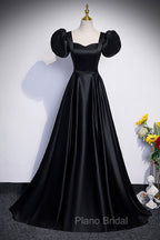 Black Satin Floor Length Formal Prom Dresses, Simple Black Short Sleeve Evening Dresses