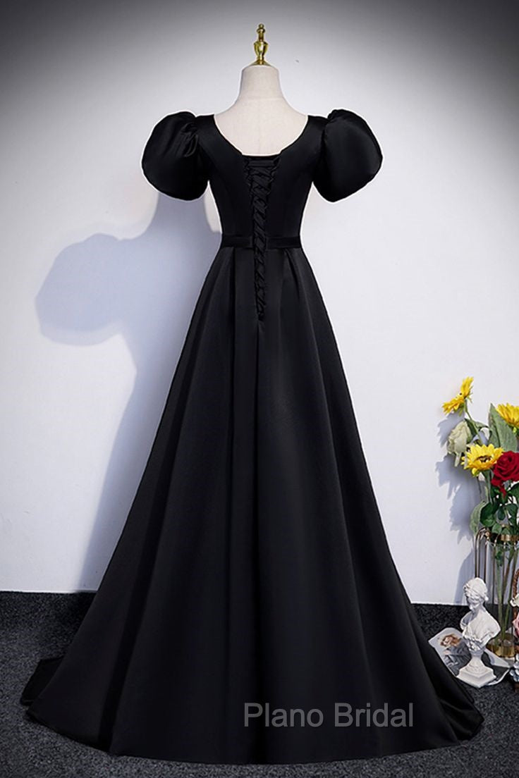 Black Satin Floor Length Formal Prom Dresses, Simple Black Short Sleeve Evening Dresses