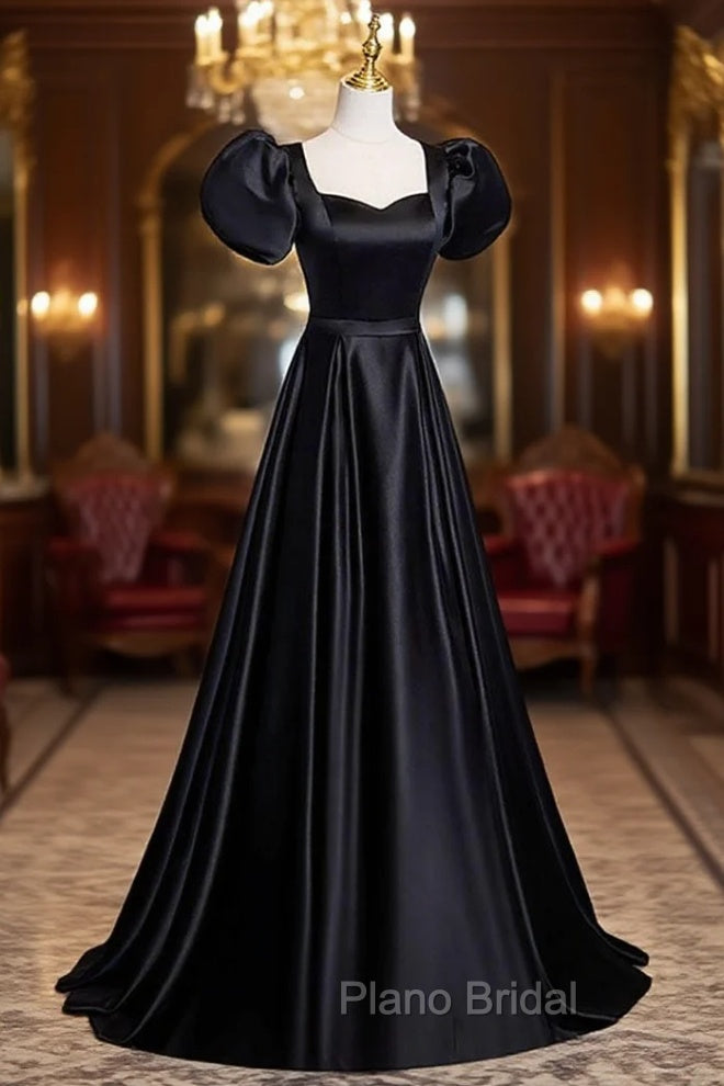 Black Satin Floor Length Formal Prom Dresses, Simple Black Short Sleeve Evening Dresses