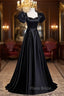 Black Satin Floor Length Formal Prom Dresses, Simple Black Short Sleeve Evening Dresses