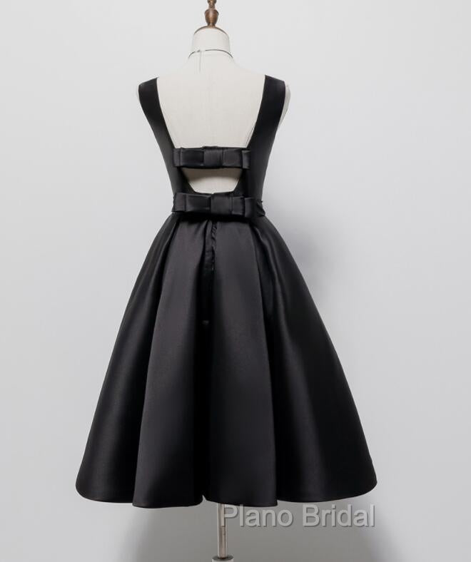 Black Satin Knee Length Round Neckline Party Dresses, Black Short Formal Prom Dresses